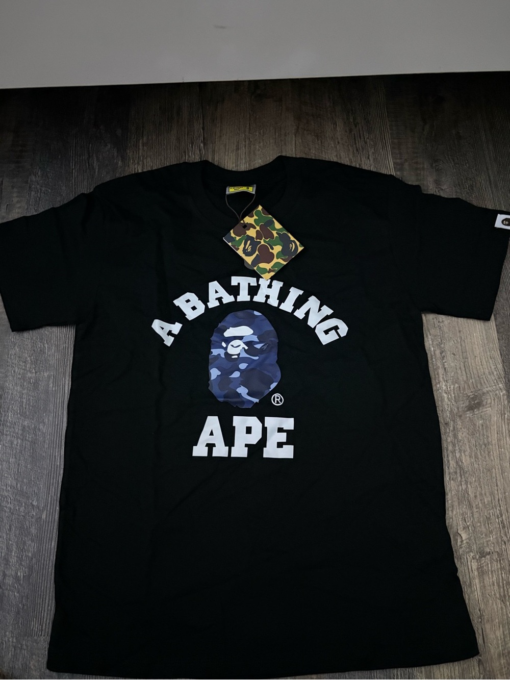 Bape Black Tee with Blue Camo Ape Graphic